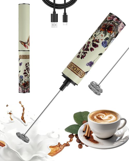 INFOOD Milk Frother - Rechargeable Handheld Coffee Mixer with 2 Detachable Whisks | Vintage Floral Design