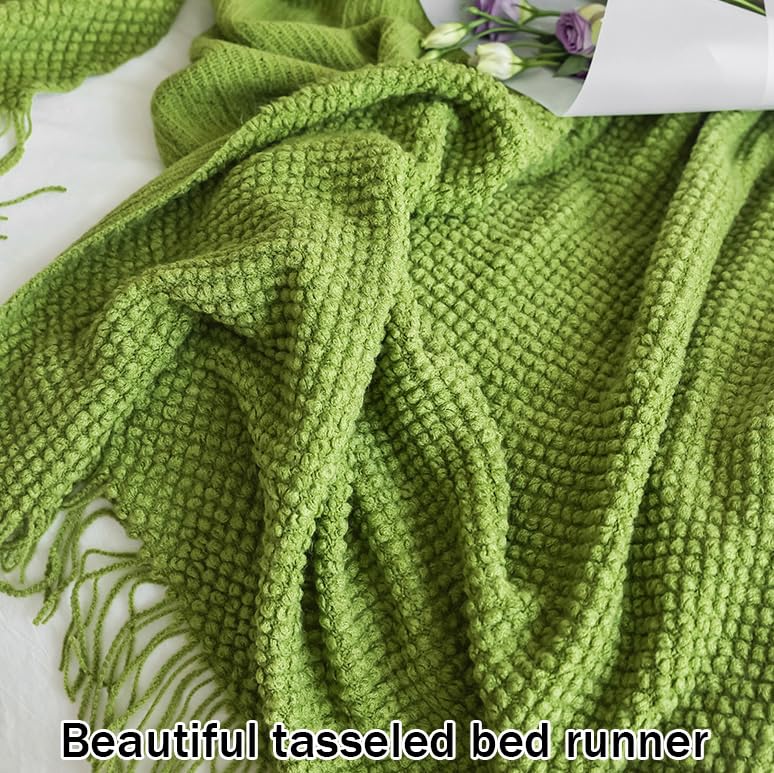 Boho Knit Bed Runner with Tassels - Soft Woven Bed Scarf Throw Blanket