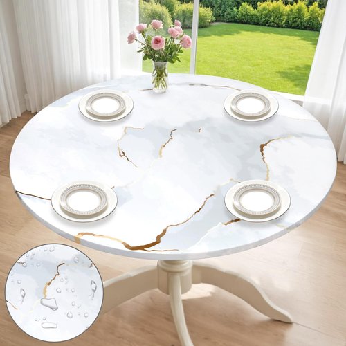 Betylifoy Round Vinyl Fitted Tablecloth with Elastic Edge Waterproof Table Cloth White Marble Wipeable Table Cover Fits 45"-56" Round Tables for Dining Picnic Camping