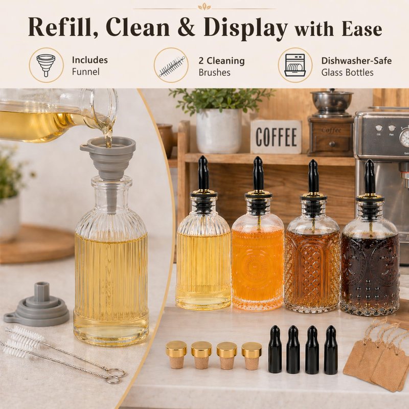 ChezMax Syrup Dispenser Bottles Set of 4, Simple Syrup Bottle for Coffee Bar Accessories, 7 oz Glass Coffee Syrup Dispenser Syrup Containers for Maple Honey Syrup Oil, with Metal Pour Spouts & Labels