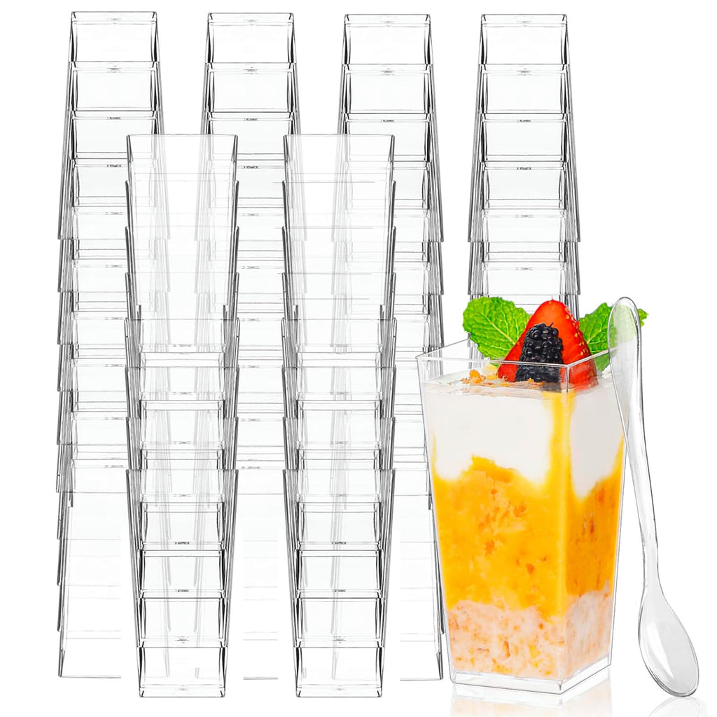 Zezzxu 3 oz Square Mini Dessert Cups with Spoons - 50 Pack Plastic Pudding & Parfait Cups Party Dessert Shooters for Serving Trifle Mousse Cake Appetizers