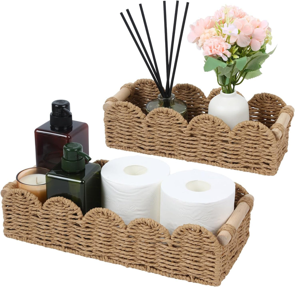 Regine Switzerland Paper Rope Storage Basket Set - Scalloped Design with Wooden Handles, Stylish Beige Organizers for Bathroom or Living Room