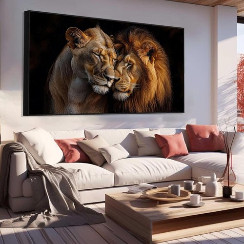 Lions Canvas Wall Art - Romantic Loving Lions Couple, African Wildlife Decor | Gold Framed 48"x27" (122x68cm)