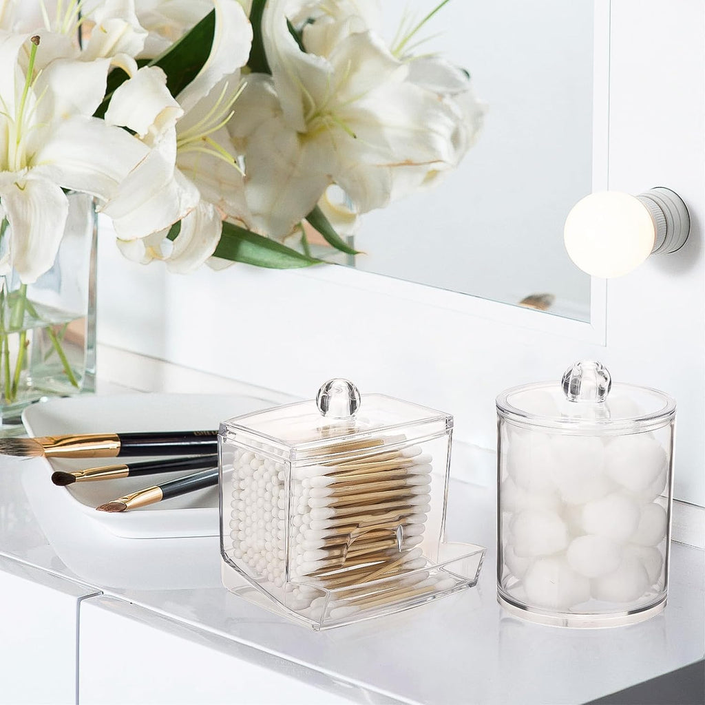 Tbestmax Cotton Swab Dispenser - Clear Plastic Apothecary Jar Organizer | 10/12 oz Capacity, 4 Pack