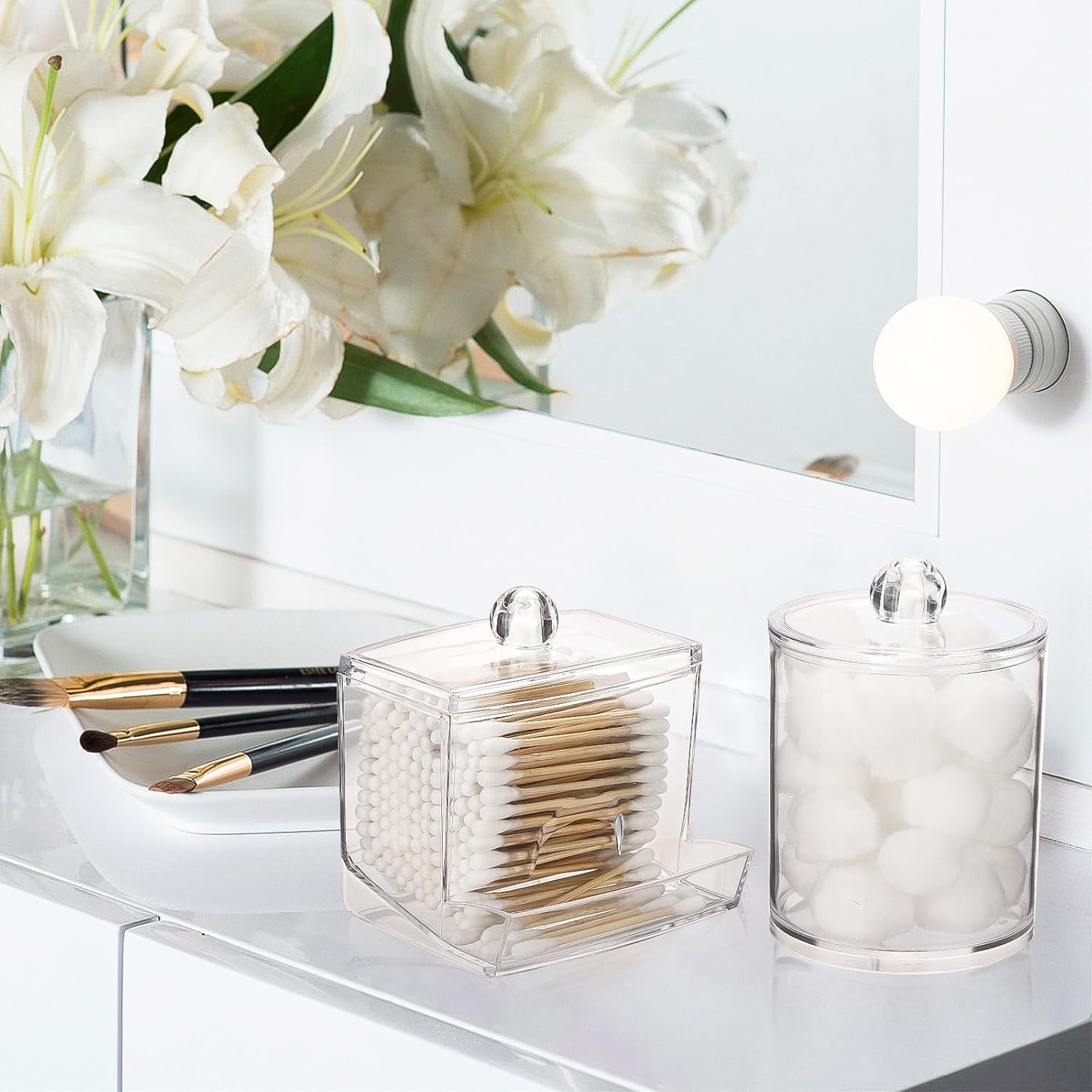 Tbestmax Cotton Swab Dispenser - Clear Plastic Apothecary Jar Organizer | 10/12 oz Capacity, 4 Pack