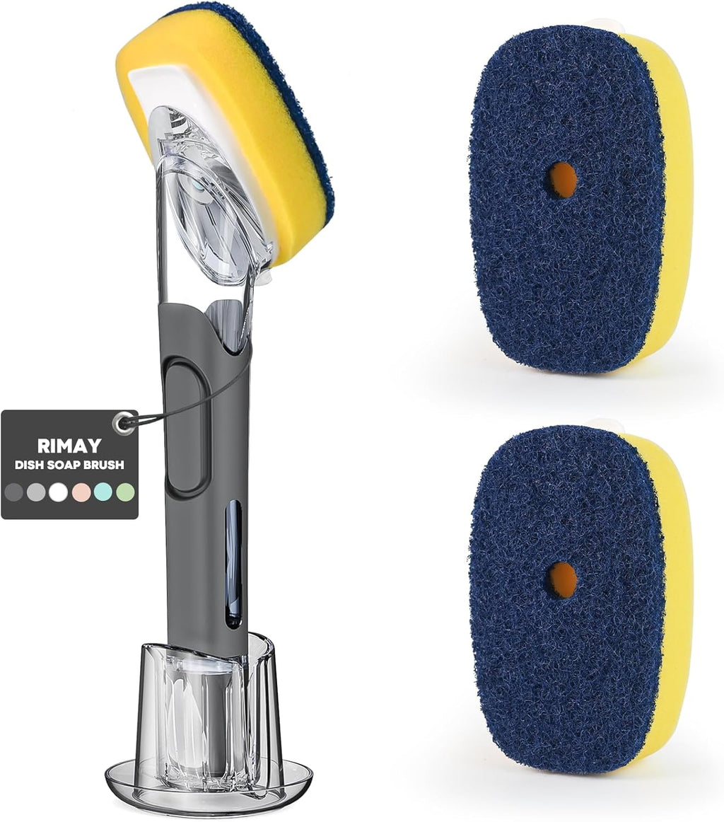 Skiennix Dish Brush Set - Soap Dispensing Brush with Holder & 2 Sponge Refills for Easy Cleaning