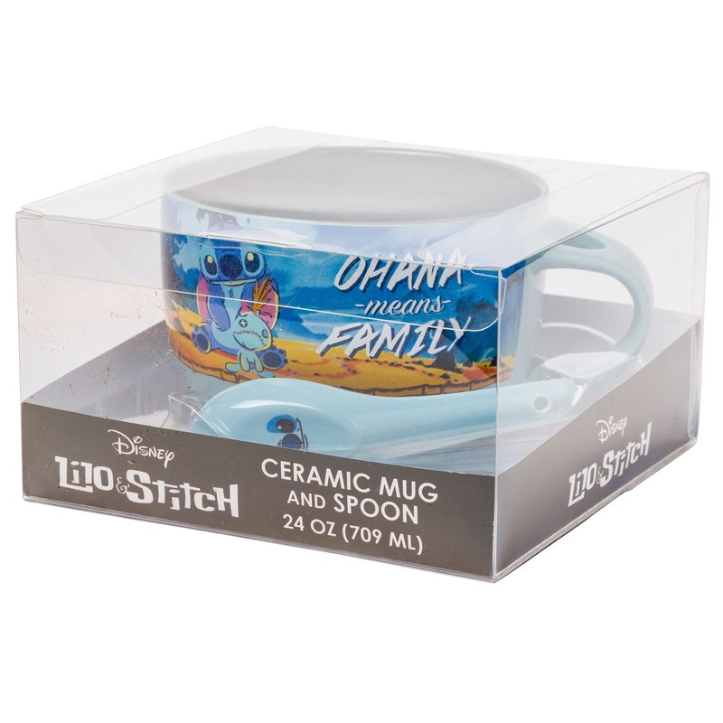 Silver Buffalo Lilo and Stitch Featuring Scrump Ohana Means Family Ceramic Soup Mug Spoon Set, 24 Ounces
