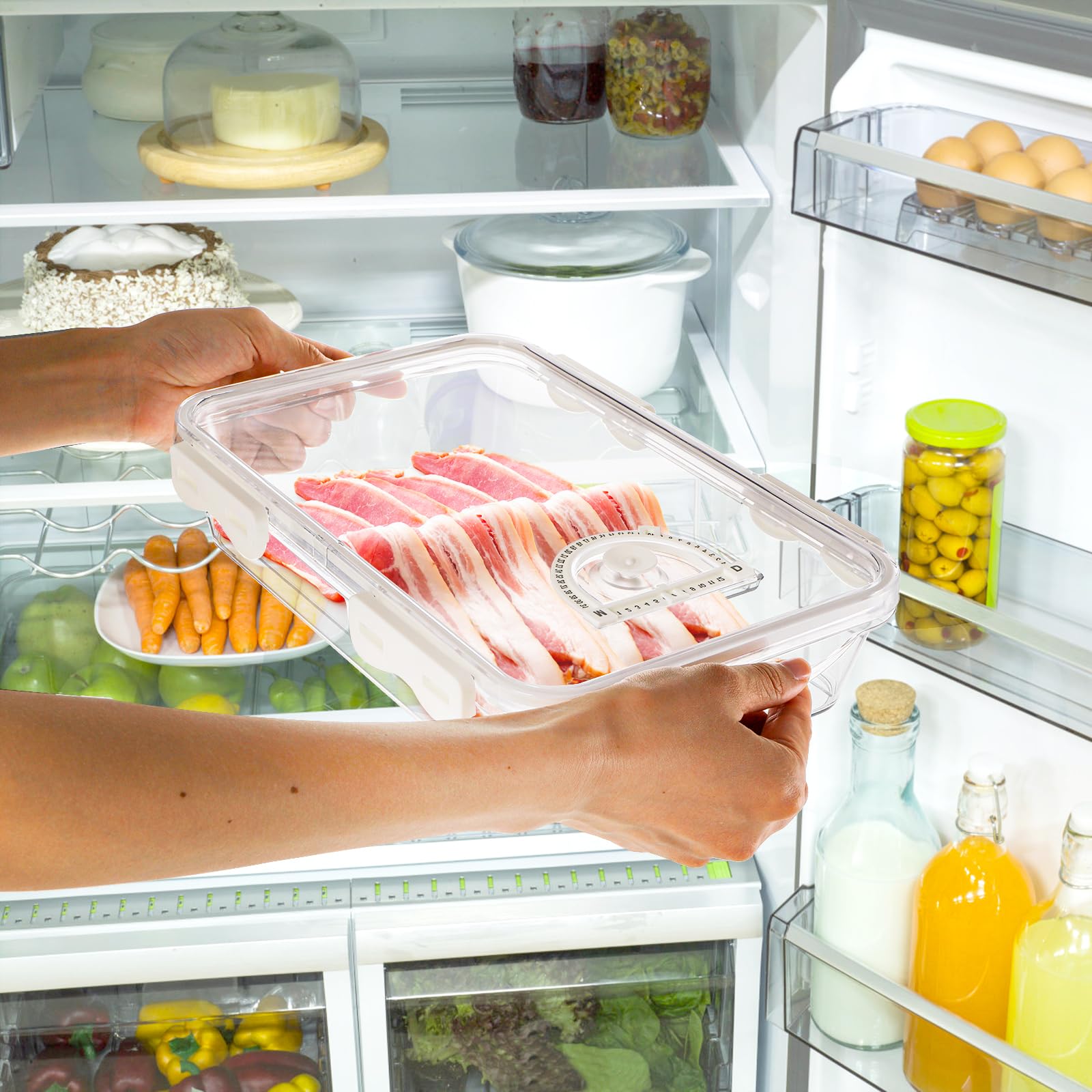 Okllen 2 Pack Bacon Container for Refrigerator, Plastic Cheese & Deli Meat Container with Air-sealed Tight Lids for Fridge, Bacon Keeper with Food Serving Tongs Cold Cuts Food Storage Organizer