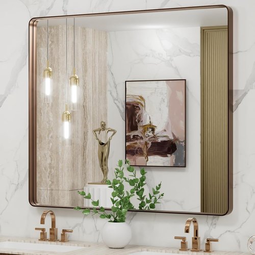 LOAAO Bronze Bathroom Mirror - 40”X36” Rounded Rectangle Design with Anti-Rust Frame & Tempered Glass