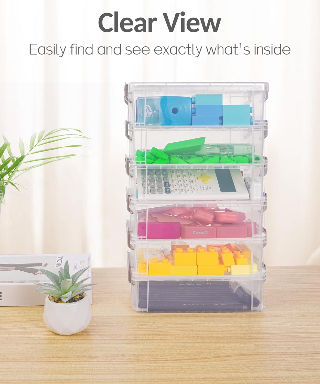 Sooez Extra Large Pencil Box Set - Clear Plastic Organizer for Art & Craft Supplies | 6 Pack