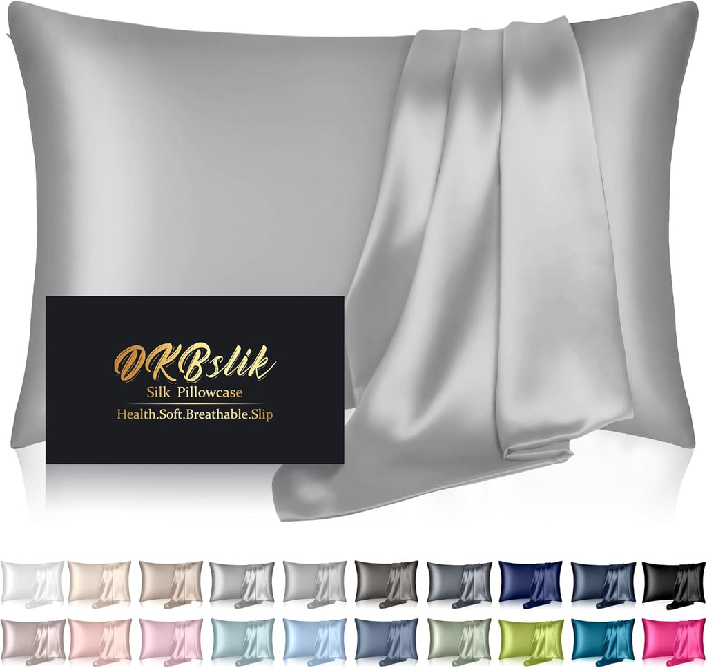 Skiennix Mulberry Silk Pillowcase - Anti-Acne Cooling Sleep | Queen Size, Grey, Hidden Zipper