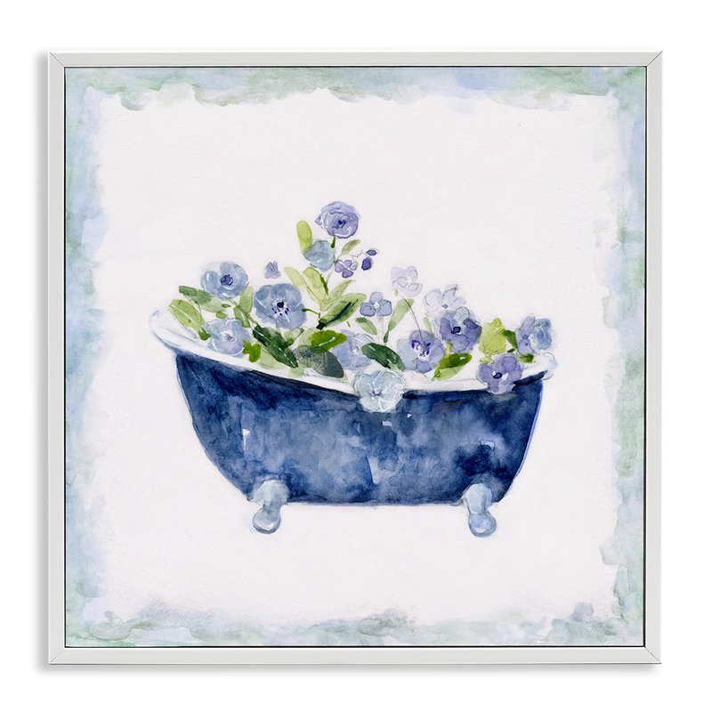 Stupell Industries Charming Blue Bathtub Botanical Floral Watercolor Border,Design by Sally Swatland