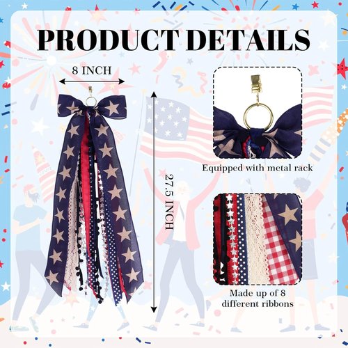 Large Patriotic Wreath by Americana | 8-Ribbon Star Bow with Metal Clip - Red, White & Blue Decor
