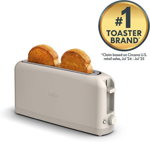 Bella 2 Slice Slim Toaster - 10” Long Slot with 6 Shade Settings, Reheat & Cancel Functions, Oatmilk Color