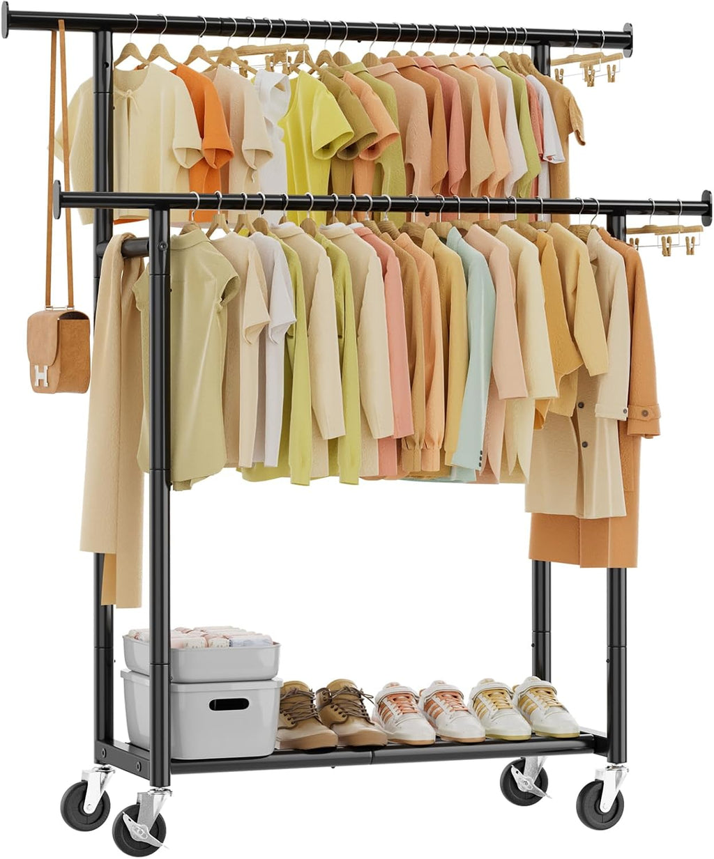 Skiennix Double Rod Clothing Rack - Portable Metal Garment Rack with Rolling Wheels | Black