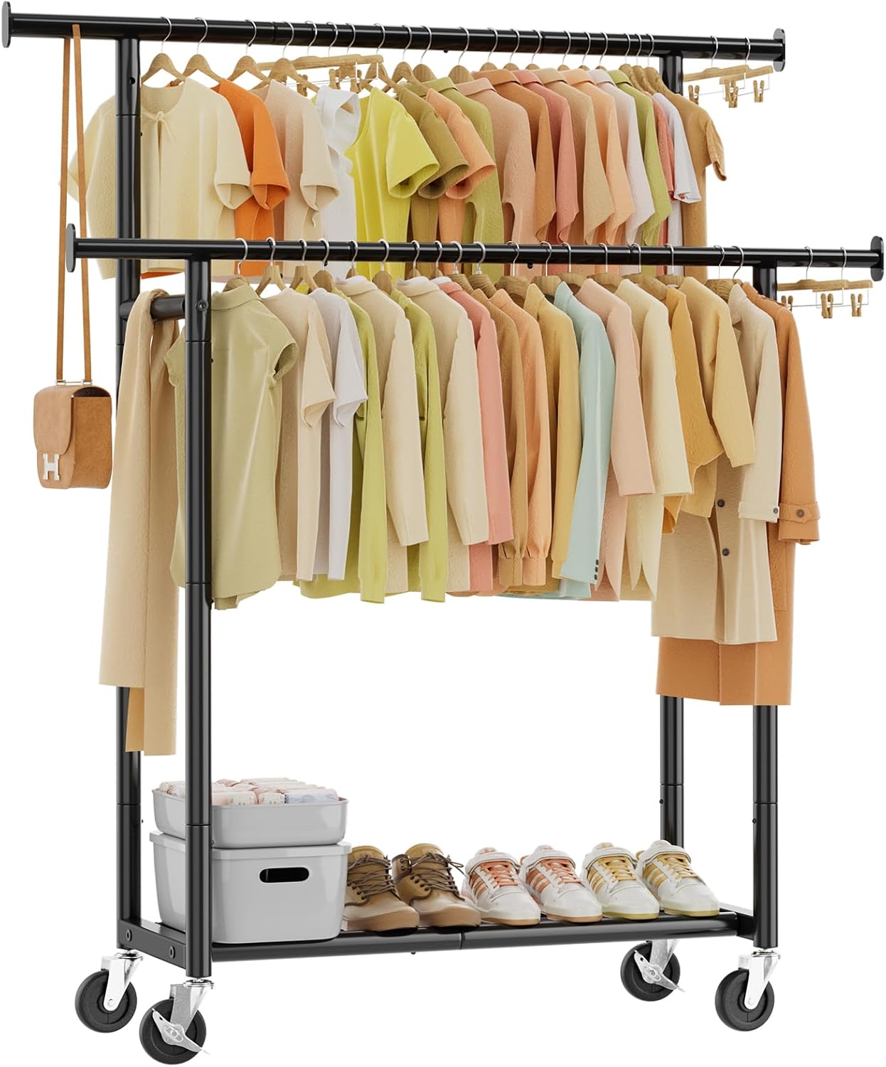 Skiennix Double Rod Clothing Rack - Portable Metal Garment Rack with Rolling Wheels | Black