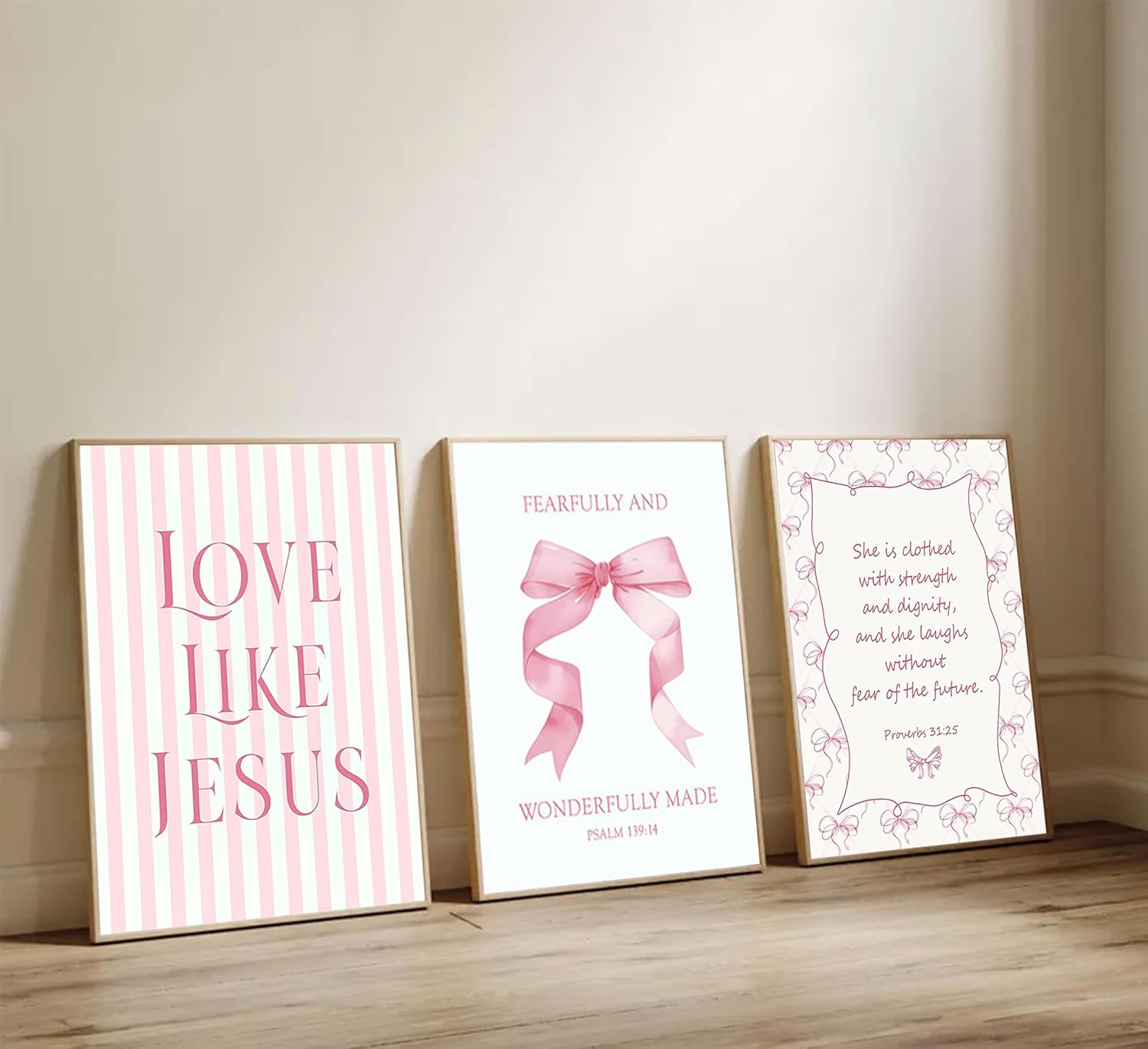 Skiennix Pink Christian Wall Art - Inspirational Bible Verse Canvas Prints | 3-Piece Set, 12x16in Unframed