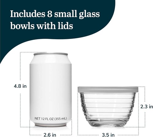 Libbey Small Glass Bowls - Set of 8 Dishwasher Safe Containers with Lids for Meal Prep & Leftovers