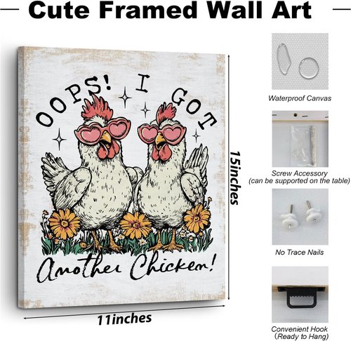 Funny Farm Animal Chicken Decor - Cute Floral Hen Canvas Wall Art | Framed 11.4x15in Ready to Hang