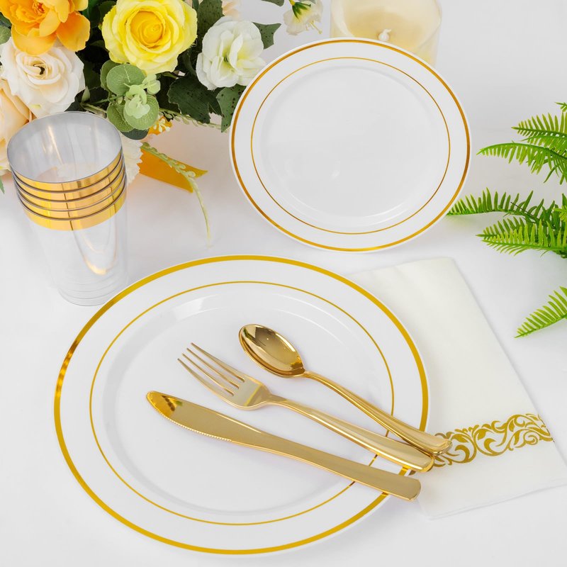 Supernal 800pcs Gold Glitter Dinnerware Set, Plastic Plate Set for 100 Guests,Dinnerware Set of 200 Gold Glitter Plastic Plates,200 Forks 100 Knives,100 Spoons,100 Cups,100 Paper Napkins for Party.