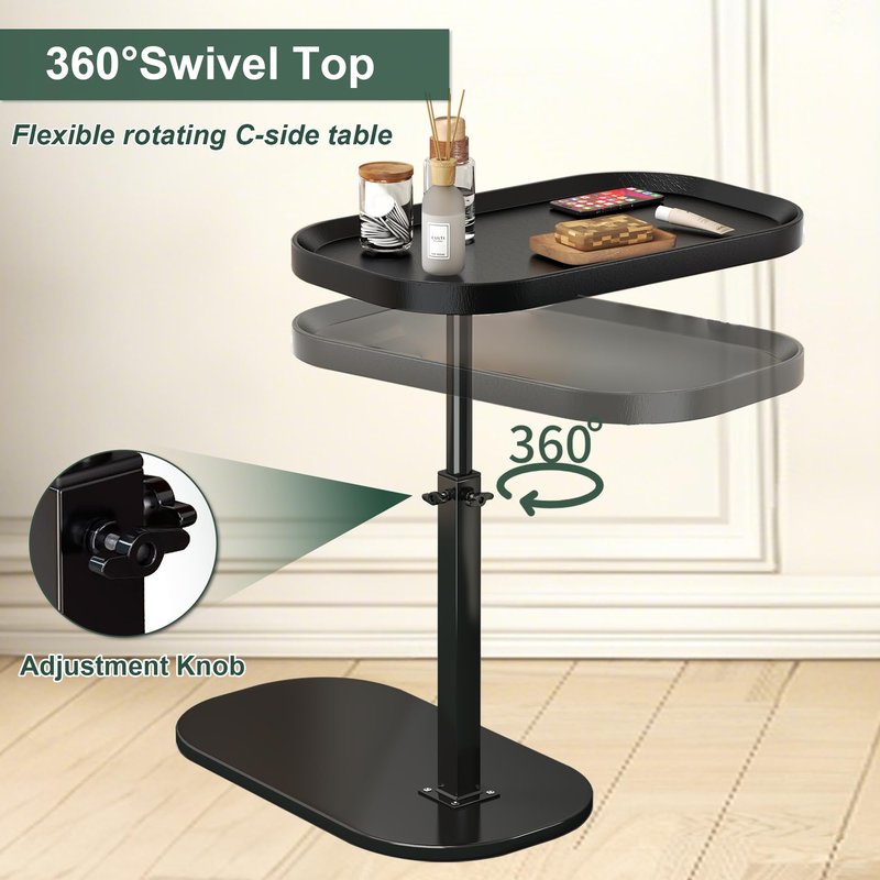 YunMeoCool Adjustable Height C Shaped Side Table, Couch Tables That Slide Under, C Side Table Raised Edge, 360°Swivel C Shaped End Table, Small Coffee C Table, End Table for Sofa/Bed/Bathtub
