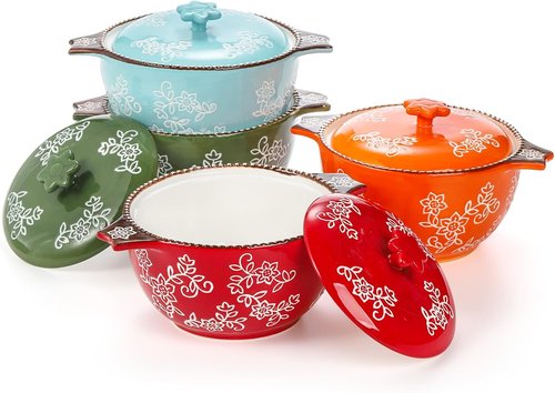 AVLA Ceramic Soup Bowls - 22 Oz French Onion Crocks with Lids & Double Handles | Mini Casserole Set