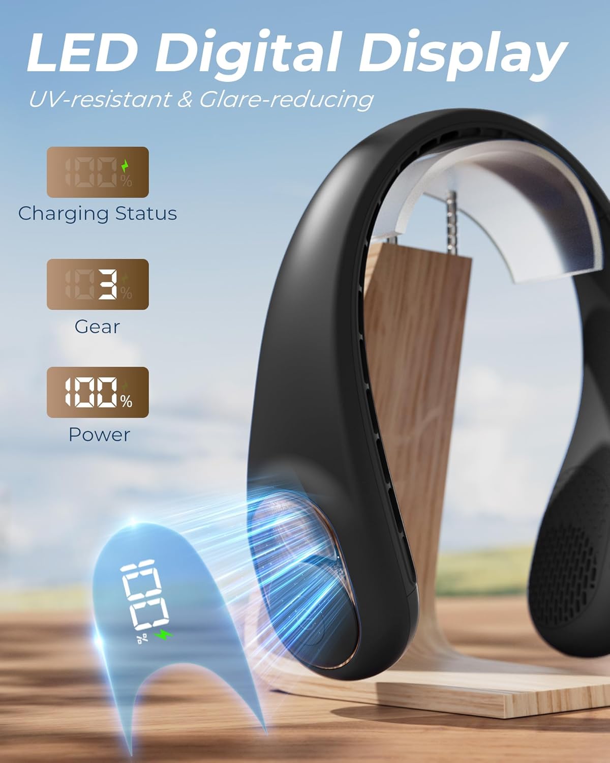 TUNISE Neck Fan - USB-C Rechargeable Personal Fan with LED Display & 3-Speed Settings | 4000mAh Battery
