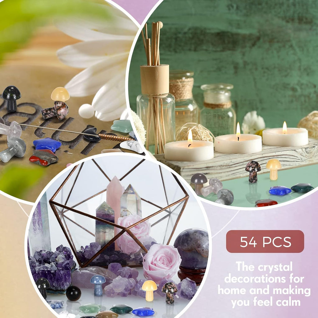 Nuenen 54-Piece Worry Stones Set - Mushroom, Moon & Star Shaped Crystal Sculptures for Meditation | Elegant Decor
