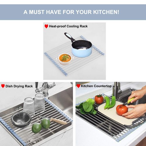MECHEER Over The Sink Dish Drying Rack, Stainless Steel Roll Up Dish Drying Rack Kitchen Dish Rack Sink Drying Rack, Foldable Dish Drainer, 17.5''x13.7''