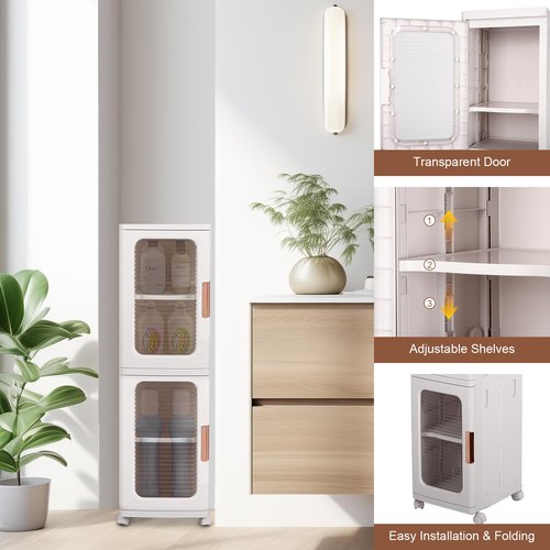 FAHKNS 2-Tier Narrow Storage Cabinet with Transparent Doors and Adjustable Shelves, Ideal Bathroom Organizer and Storage Cabinet for Compact Space, Bathroom, Kitchen, Laundry