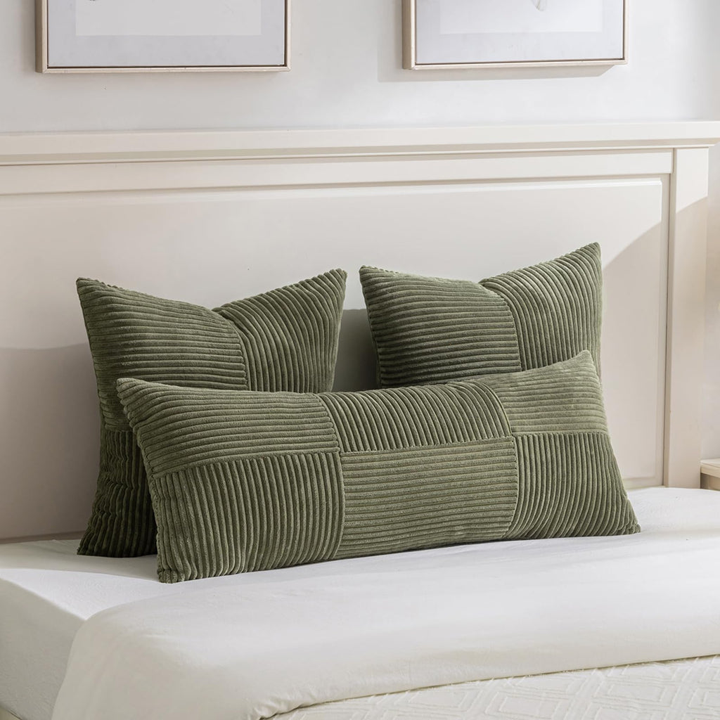Fancy Homi Set of 1 Olive Green Boho Long Lumbar Body Decorative Throw Pillow Cover 14x36 Inch for Bed Couch Bedroom Bench, Soft Patchwork Corduroy Textured Pillow Case, Rustic Farmhouse Room Decor