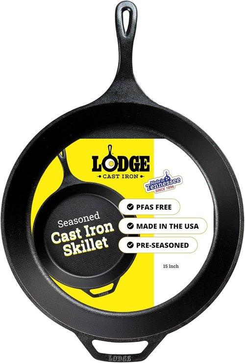 Lodge Cast Iron Skillet - 15-Inch Frying Pan for Even Cooking | Easy-Grip Handle, Non-Toxic & Durable