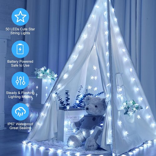 Minetom Star String Lights - 50 LED Battery Operated Fairy Lights, Waterproof 17 ft for Indoor & Outdoor Decor