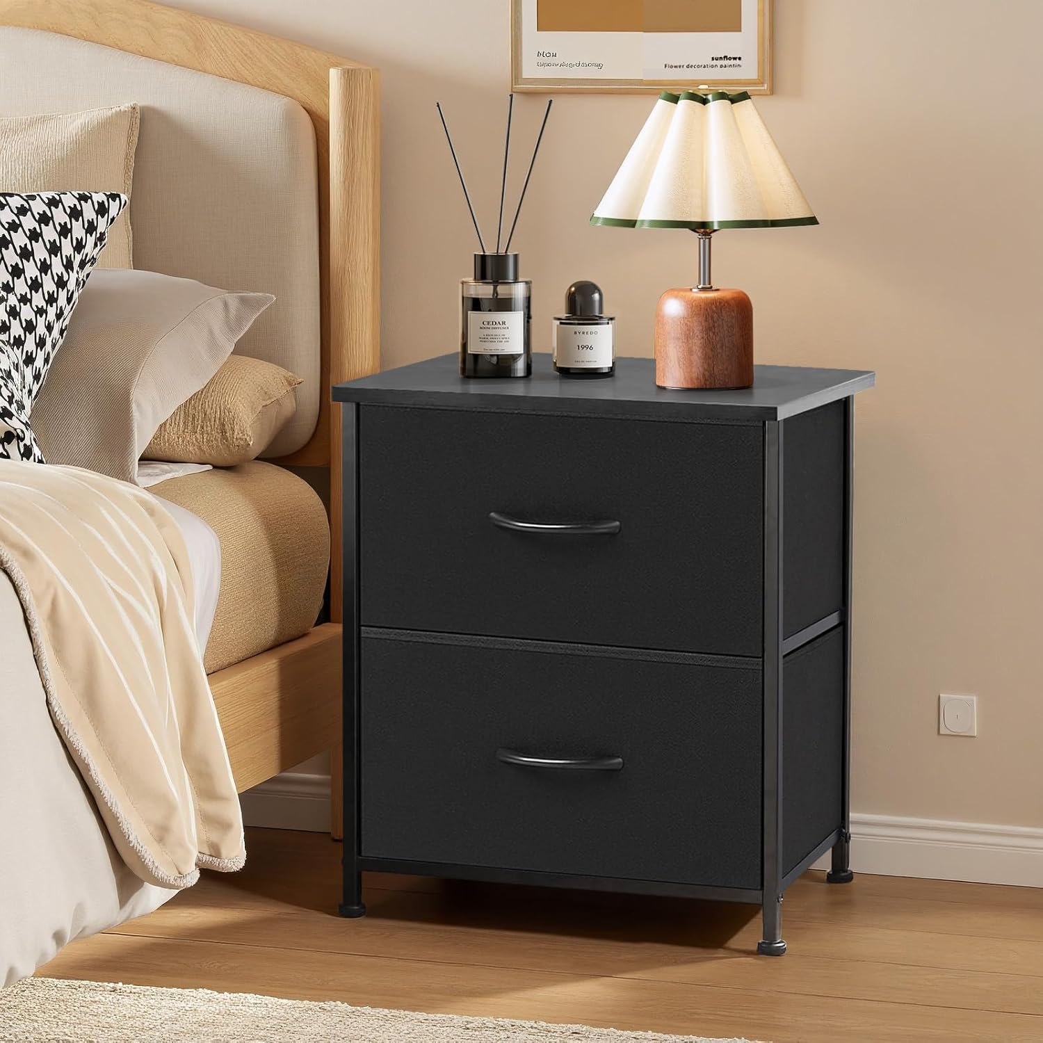 Nightstand | Small 2-Drawer Dresser by [Brand Name] - Stylish Wooden Top & Fabric Bins, Black, 11.8" D x 18" W x 20" H