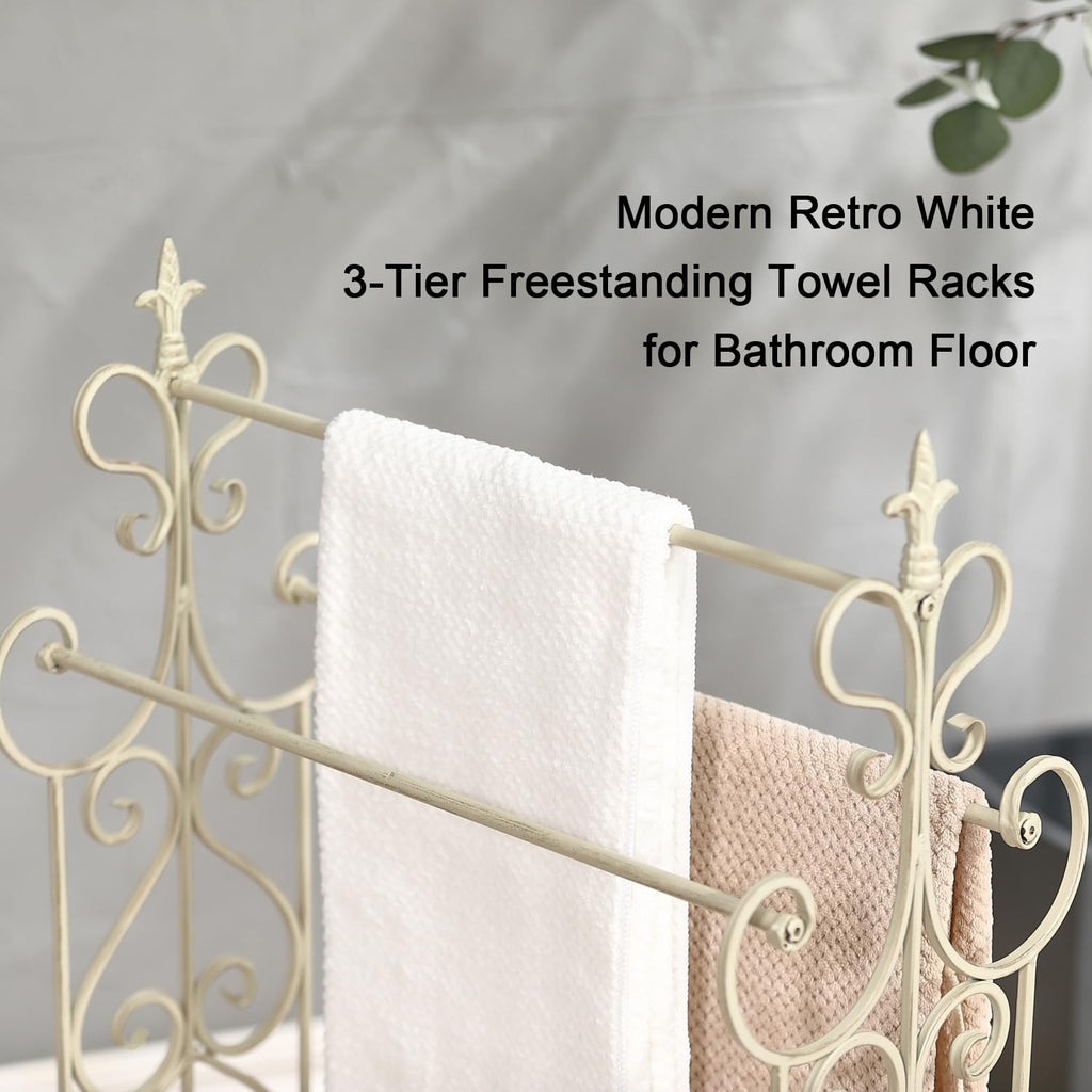 Free Standing Towel Rack for Bathroom, 3 Tier Metal Towels Rack Freestanding with Storage Shelf, Retro White Floor Towel Rack Stand for Bath Towels Hand Washcloths, 21.2” x 11.8” x 36.2”