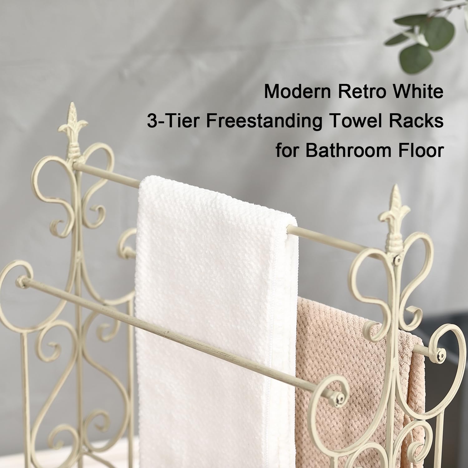 Free Standing Towel Rack for Bathroom, 3 Tier Metal Towels Rack Freestanding with Storage Shelf, Retro White Floor Towel Rack Stand for Bath Towels Hand Washcloths, 21.2” x 11.8” x 36.2”