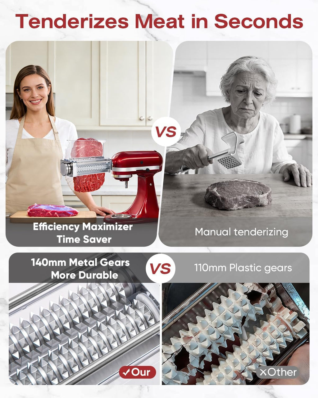 Skiennix Adjustable Meat Tenderizer Attachment - 3 Thickness Settings for KitchenAid Mixers