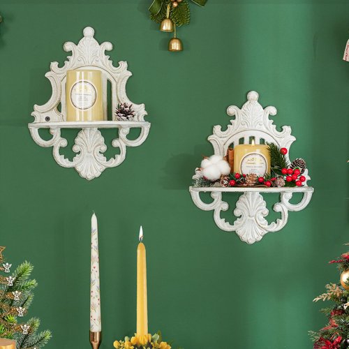 Sungmor 2-Piece Gothic Floating Shelves, Heavy-Duty Cast Iron, Small Old-Fashioned Wall Display Ledges, Antique White, Hanging Shelves for Indoor Outdoor Wall Decor