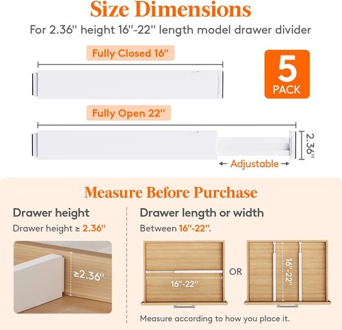 Lifewit Adjustable Drawer Organizer - 5 Pack 2.36" High Dividers for Clothes & Utensils | Expandable Storage Solution in White
