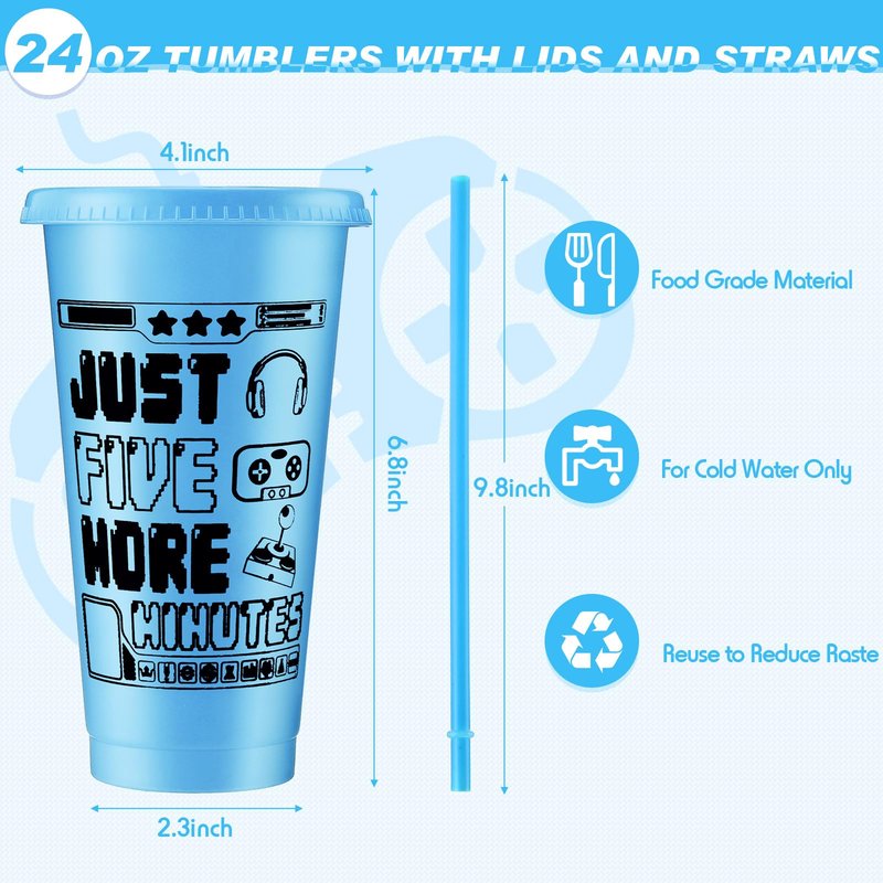 Mifoci Video Game Plastic Cups with Lids and Straws Reusable Tumbler with Lid and Straw Cute Iced Coffee Travel Cups Mug Water Bottle for Adult Kid Gaming Birthday Supplies(Blue,12 Pcs)