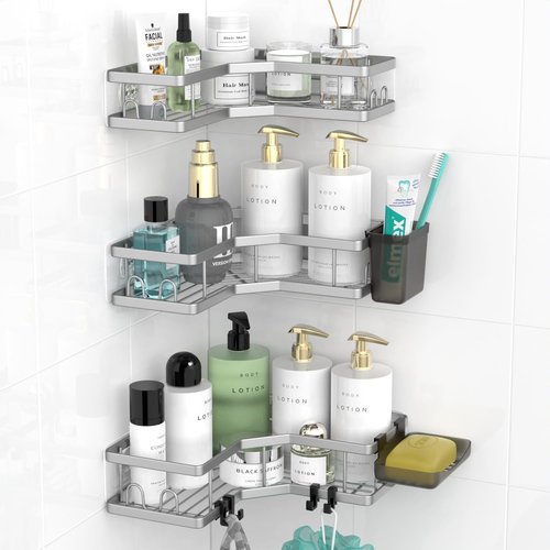 **AKTECKE Corner Shower Caddy | Adhesive Bathroom Organizer - Rustproof Stainless Steel - 3-Pack**