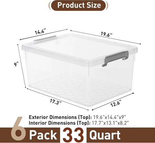 Citylife 33 QT Plastic Storage Bins - 6 Pack with Lids & Secure Latching Buckles | Clear Stackable Containers