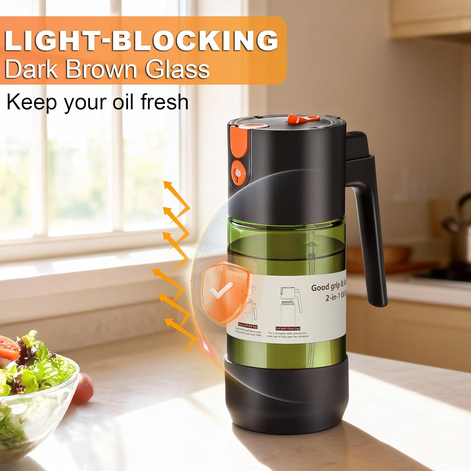 Skiennix 2-In-1 Oil Sprayer - Light-Blocking Dark Glass Olive Oil Dispenser | 500ml for Cooking & BBQ