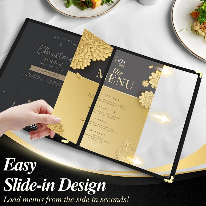 Flexzion Restaurant Menu Covers 8.5 x 11 Inch (6 Pack) - Book Style Bar Menu Holder with 3 Page 6 View - Transparent Clear Menu Book Covers with Gold Metal Corner for Restaurant, Hotel, Cafe