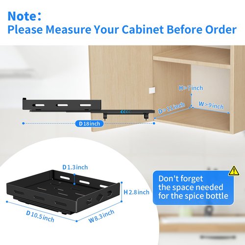 BOIVSHI Pull Out Spice Rack, Heavy Duty Spice Rack Organizer, 1 Tier Spice Organization for Cabinet, Vertical Spice Rack for Kitchen, Cabinet, Pantry (8.4''Wx10.5''Dx2.8''H, Metal Black)