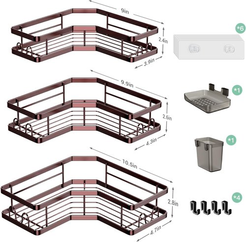 AKTECKE Corner Shower Caddy Organizer - Adhesive No-Drill Rack for Bathtub - 3-Pack Rustproof Shelves