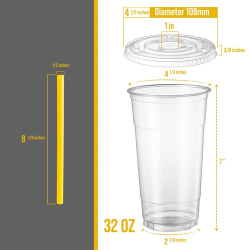 [40 Sets - 32 Oz] Crystal Clear PET Plastic Cups With Flat lids & Straws for Iced Coffee, Milkshake, Cold Drinks, Slush Cups, Smoothy's, Slurpee, Party's, Plastic Disposable Cups