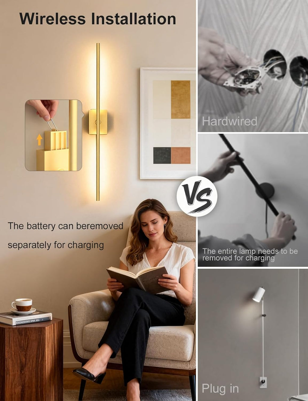 Skiennix Battery Operated Wall Sconces - 10000mAh Rechargeable LED Lights with Remote | 360° Rotation, 3000K-6000K