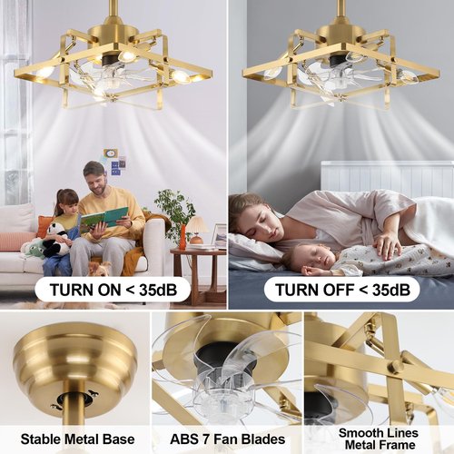 ECOBRT 16" Gold Ceiling Fan with Light and Remote, Flush Mount Indoor, 6-Speed Reversible Motor for Bedroom, Living Room, Kitchen