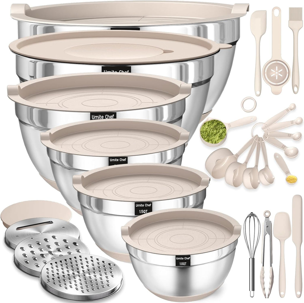 Stainless Steel Mixing Bowls Set by [Brand Name] - 26PCS with Airtight Lids & Grater Attachments | Non-Slip Bottoms, Khaki Color
